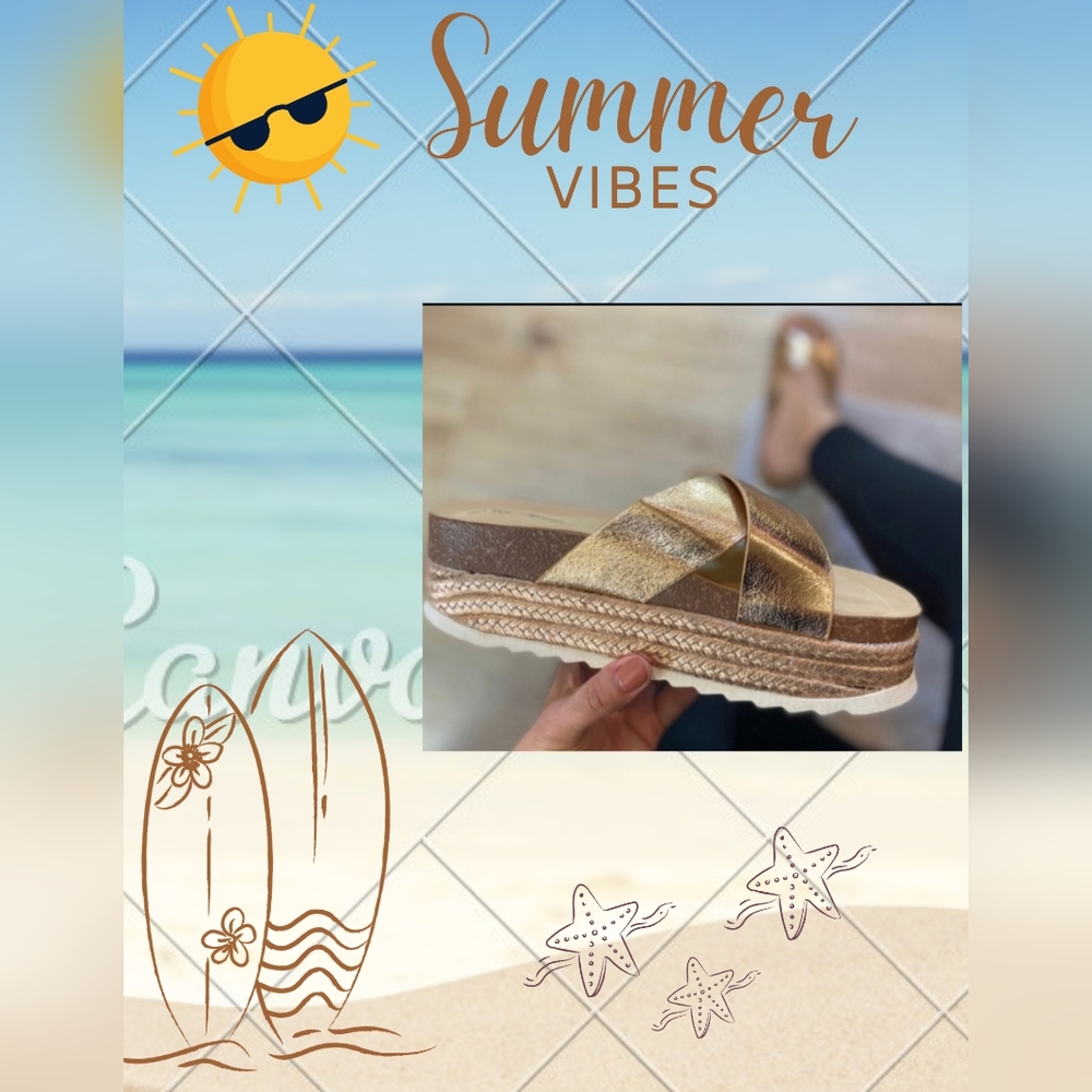 ❤️ 1 left ❤️ Metallic Rose Gold Criss Cross Platform Espardrille Sandals Wedges - Picture 1 of 5